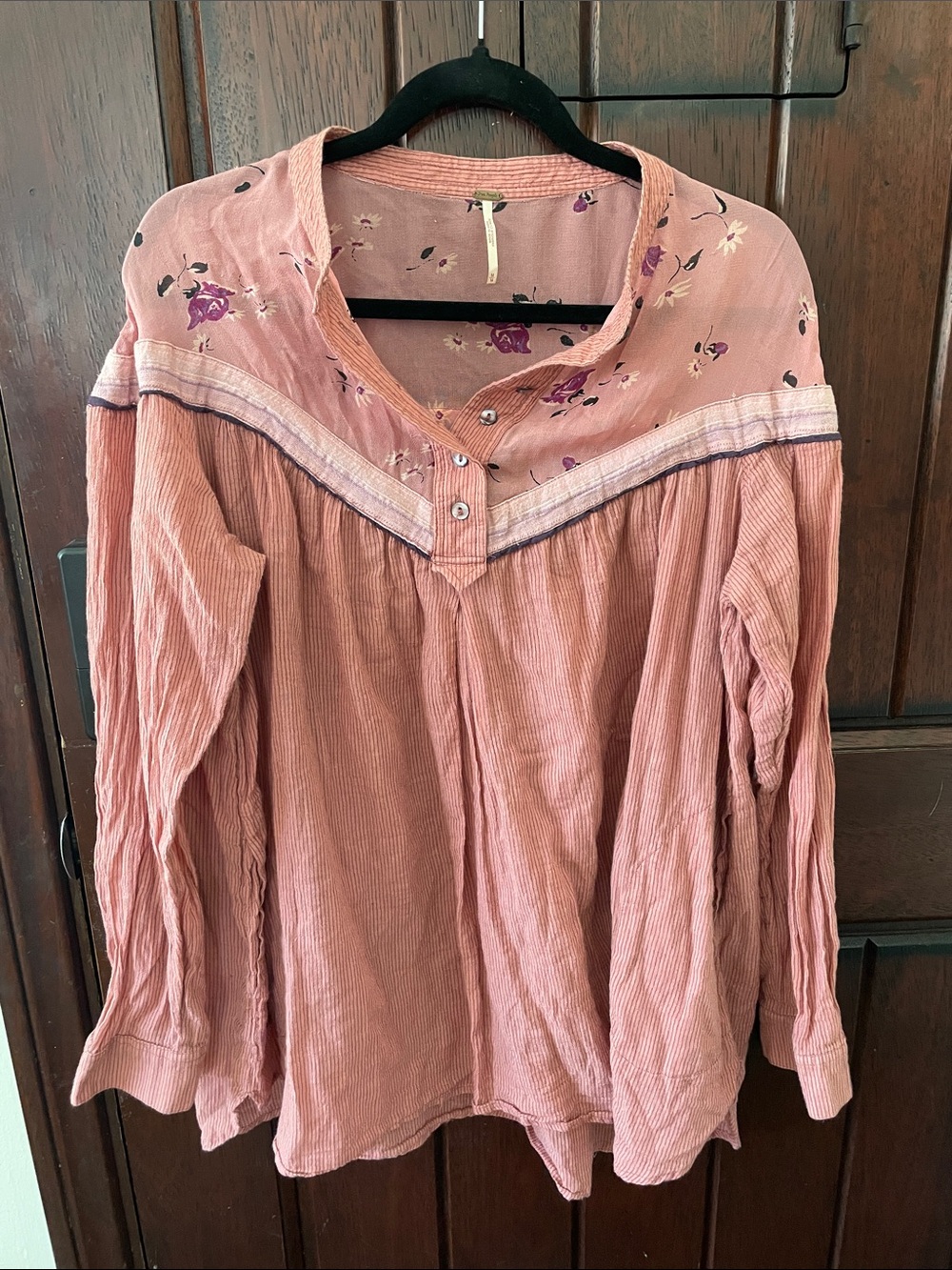 Free People Rose Pink Floral Yoke Long Sleeve Top
